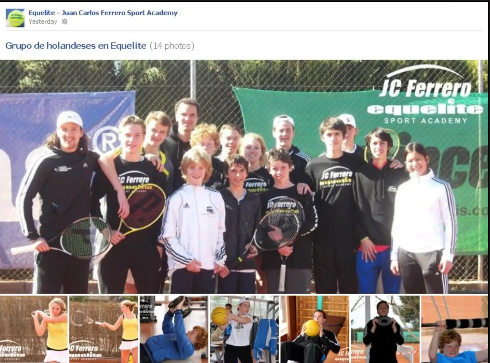 Nederlandse spelersgroep van Tennis Academy Amsterdam met coaches op de gravelbaan van de JC Ferrero Equelite Sport Academy in Alicante, Spanje.