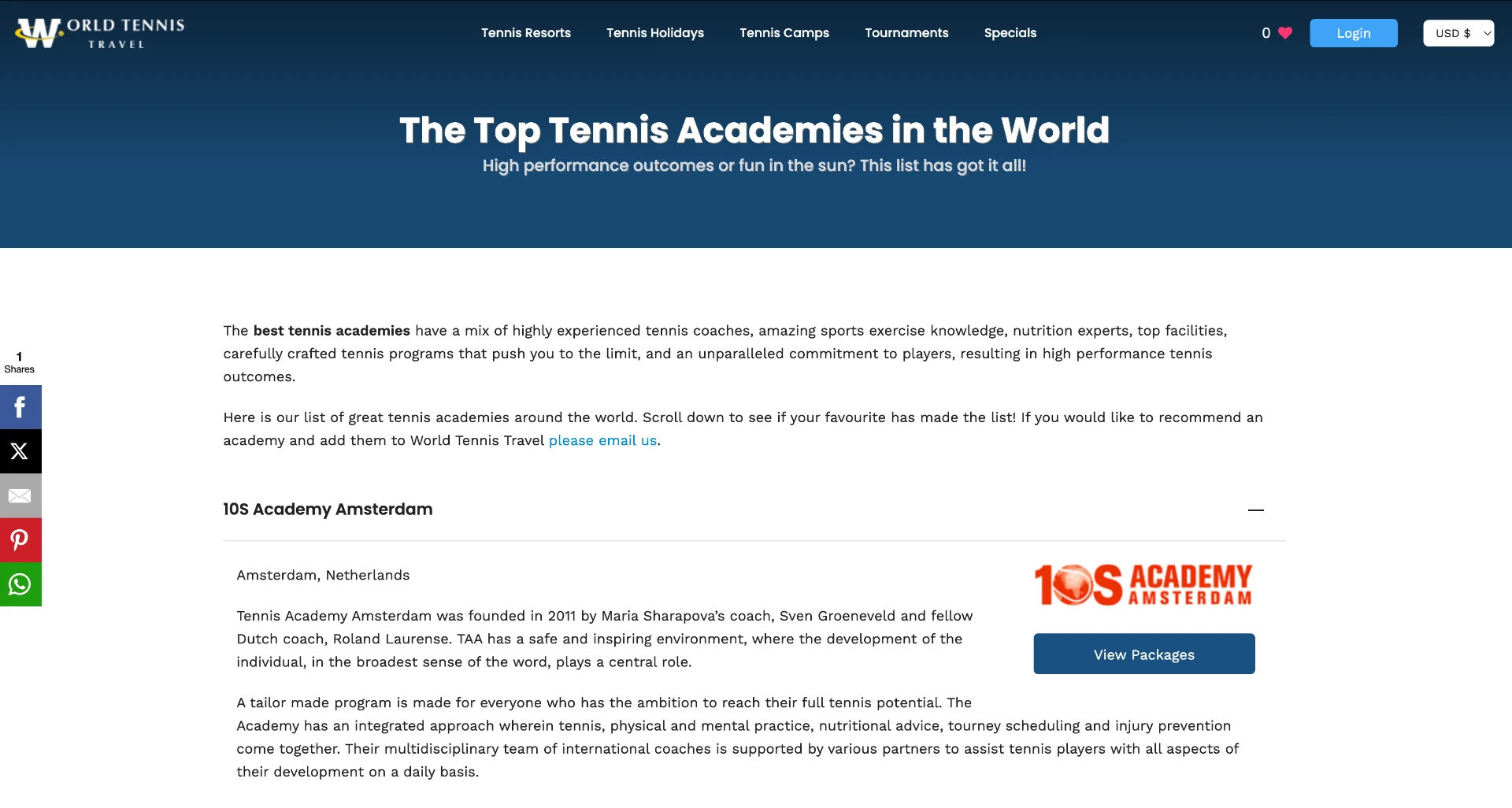Screenshot van het World Tennis Travel-artikel “The Top Tennis Academies in the World” met de vermelding van de Amsterdamse Academy en het historische Academy-logo.