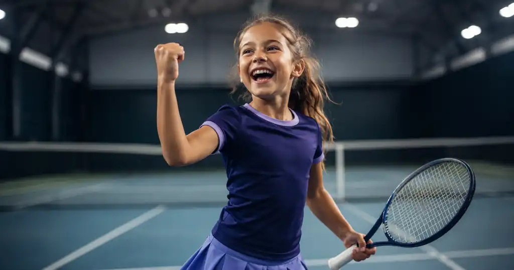 Jonge academy tennisster viert overwinning op indoor tennisbaan bij 359.tennis