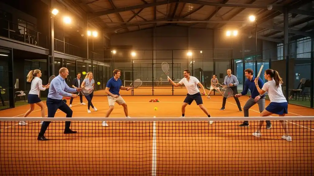 Corporate team challenge on the tennis court during a business event