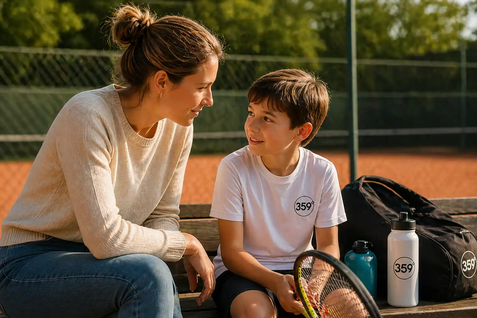 Moeder en zoon in gesprek op een bankje bij de tennisbaan — 359.tennis